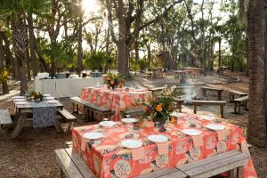 Page Island oyster party table setup, near Hilton Head Island.