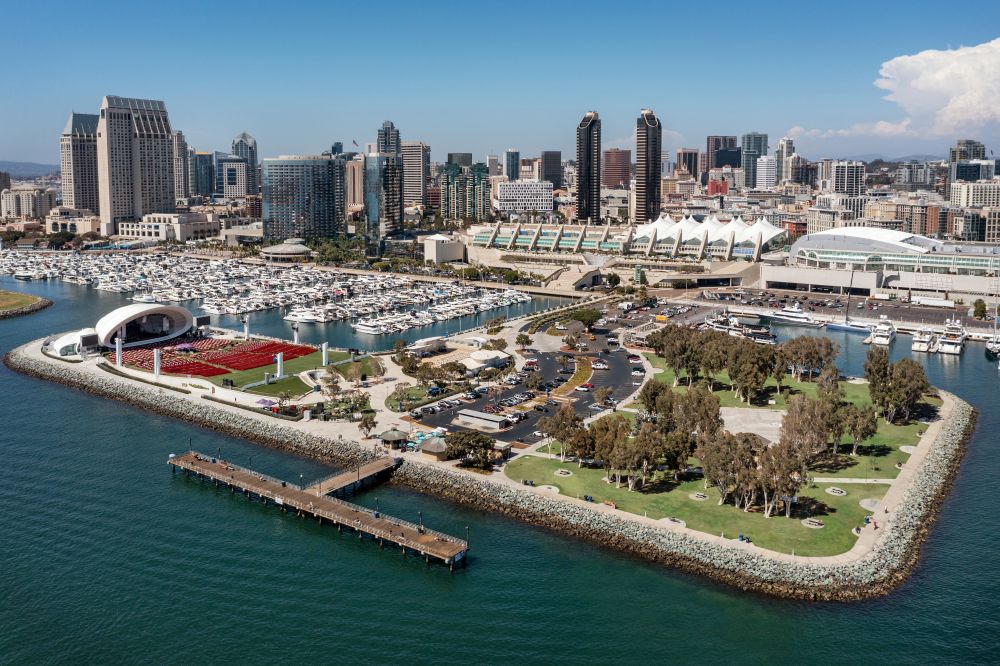 Aerial photo of San Diego Convention Center from San Diego Bay.