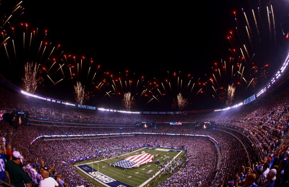 MetLife Stadium, with fireworks overhead.