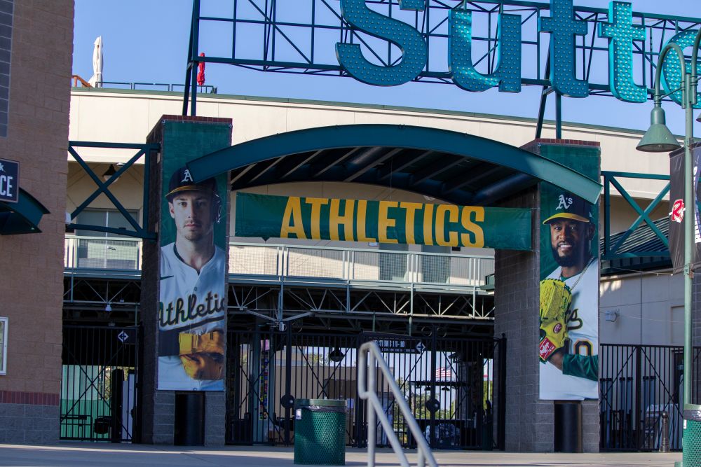 Sutter Health Park,with an Athletics banner on the front.