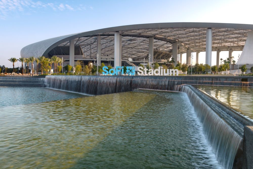 SoFi stadium exterior and lake