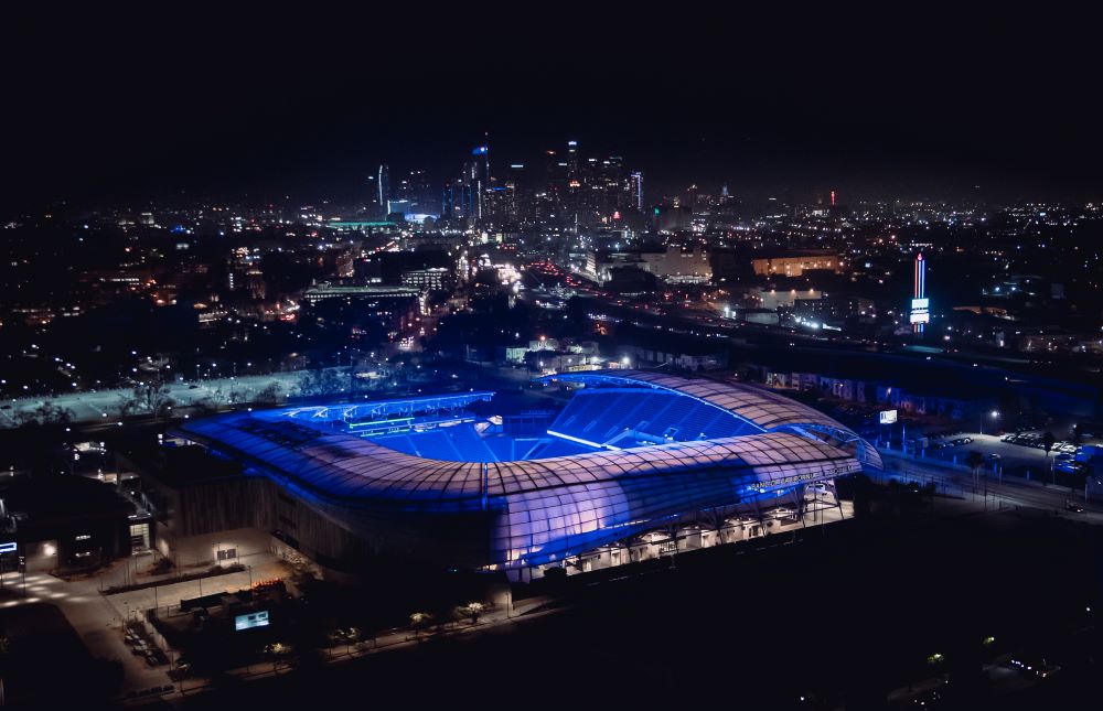 Exterior of Banc of California stadium at night