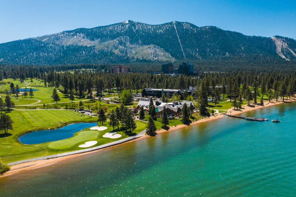 Aerial shot of Edgewood Tahoe Resort and Lake Tahoe