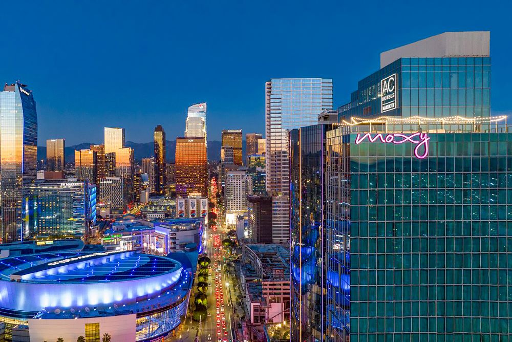 Moxy Downtown Los Angeles exterior at  nighttime