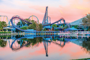 SeaWorld Orlando roller coaster at sunset