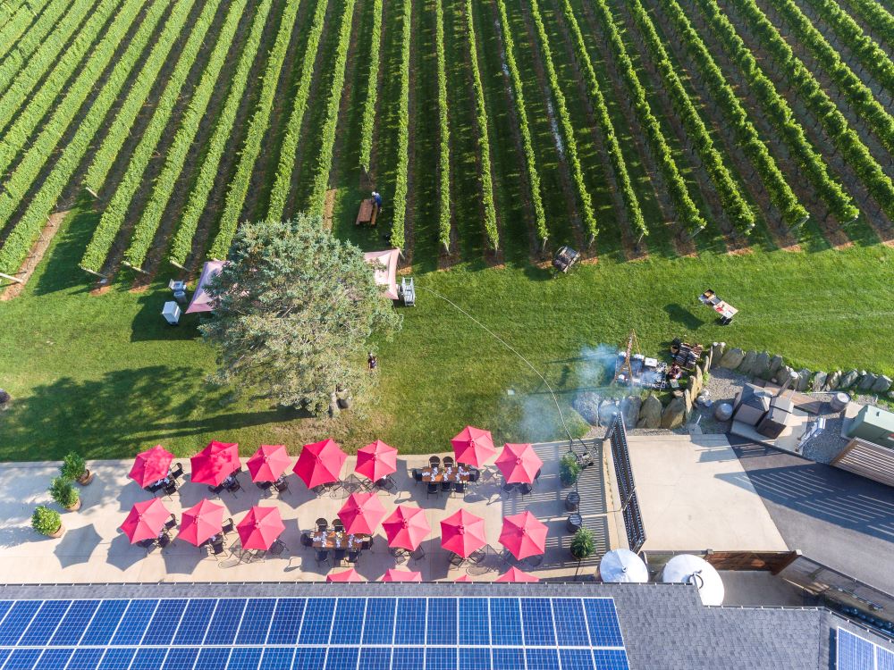 Newport Vineyards fire dinner aerial view