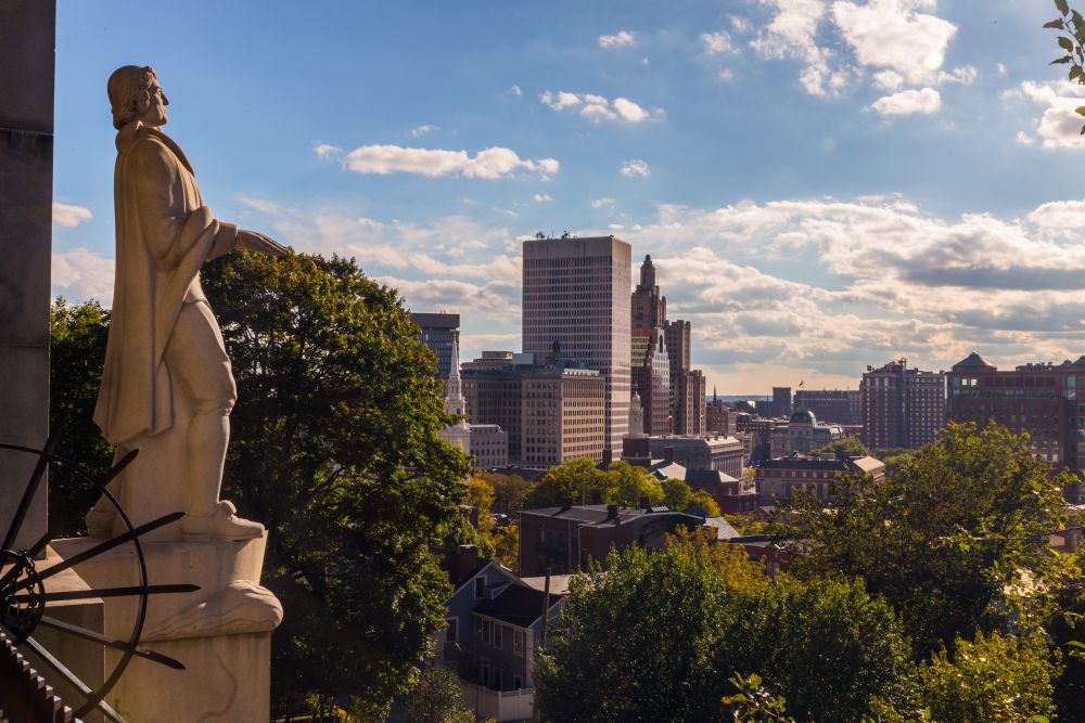 Statue of Roger Williams overlooks the city 
