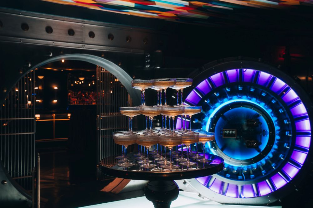 The Vault entrance at The National, with a champagne tower