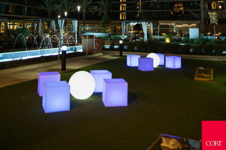 CORT Outdoor Night Event Setup Lighted Orbs and Cubes