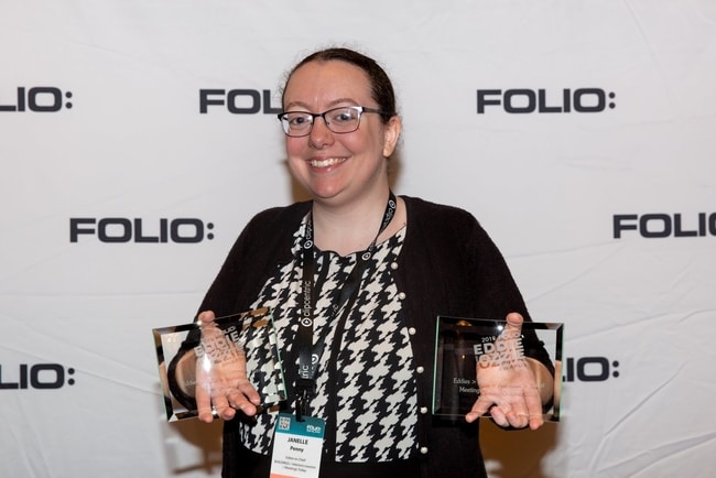 Stamats Communications’ Janelle Penny accepted two Folio: Eddie Awards for Meetings Today.