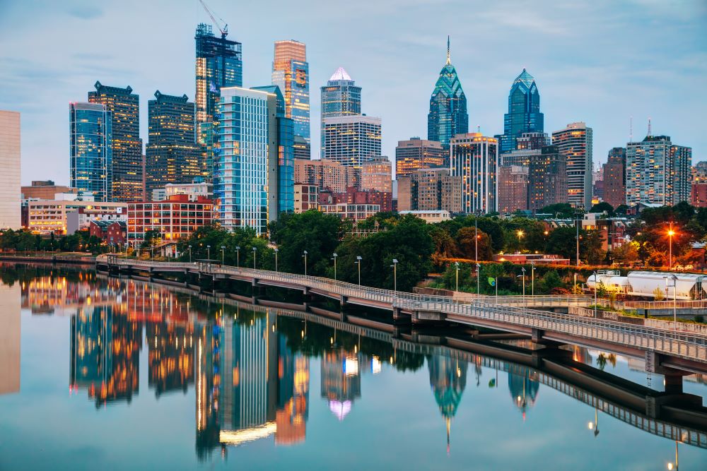 Philadelphia skyline night Schuylkill River