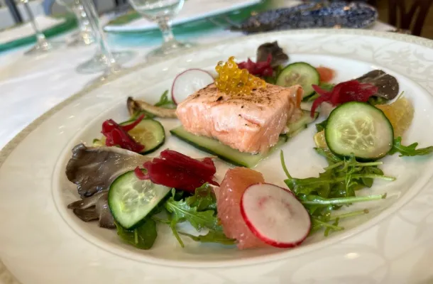 Photo of chef Javier Cuesta's citrus salmon micuit salad.