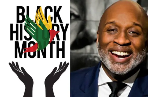Jason Dunn in a black suit next to a black history month graphic