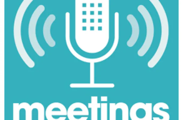 Graphic of Meetings Today Podcast logo.