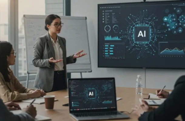 AI-generated image of a woman demonstrating AI to people seated at a conference table.