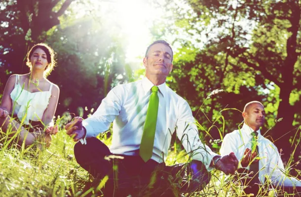 Graphic of business people in business attire meditating in a natural setting.