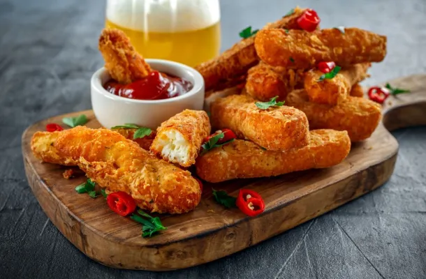 Photo of a cutting board with fried cheese sticks and dipping sauce.