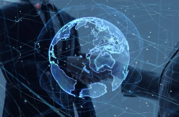 Globe graphic with hands shaking