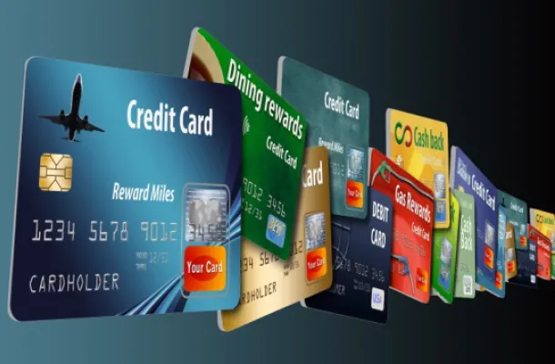Graphic of airline credit cards in a line.