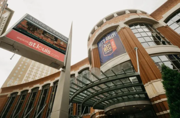 Exterior of America's Convention Complex with MPI WEC signage on the marquee.