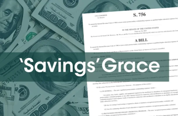 Image of a senate bill with the words 'Savings' Grace over it, with a background of 100-dollar bills.