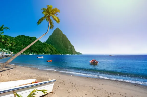 Beach and Pitons, Saint Lucia.