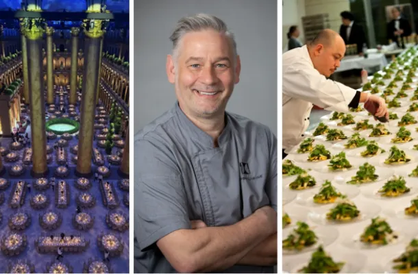 Triptic photo of Landmark Experiences food settings with chef John Haywood in the middle