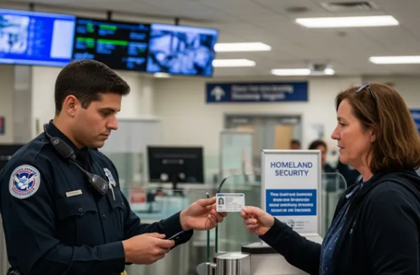 woman getting ID checked at airport security checkpoint