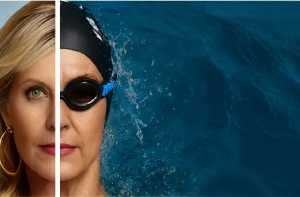 Photo illustration of Deborah Gardner, with one side of her face in as a typical headshot and the other wearing swimming goggles, with blue water to the right.
