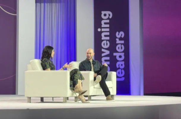 Australian business event leader Holly Ransom (left) leads a seated discussion with Adam Grant (right)
