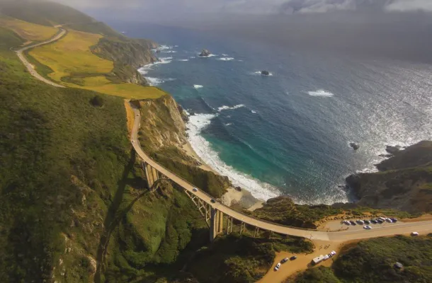 Aerial photo of California Highway 1 and the Bixby Creek Bridge.