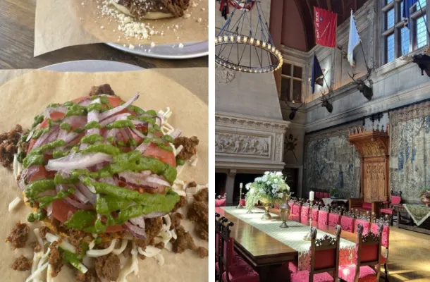 Photo of an arepa (left) and the Biltmore House dining room.