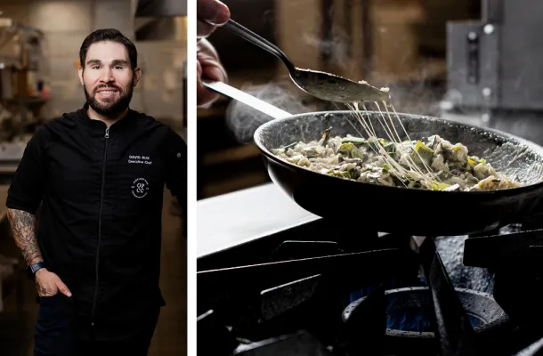 David Ruiz (left) and the preparation of risotto in a pan. 