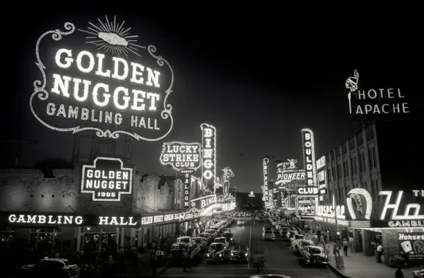Fremont Street, 1954, with Golden Nugget neon sign in foreground.