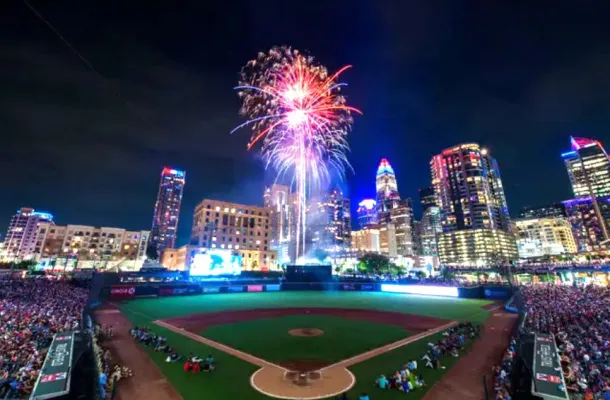 Truist Field, with fireworks and the skyline of Charlotte, North Carolina, in the background.
