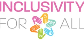 Graphic that reads Inclusivity for All with a rainbow-colored flower made of hands.