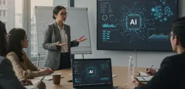 AI-generated image of a woman demonstrating AI to people seated at a conference table.
