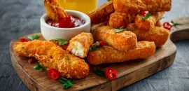 Photo of a cutting board with fried cheese sticks and dipping sauce.