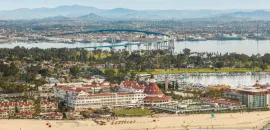 Aerial photo of Coronado island, with a beach and the Del Coronado in the foreground.