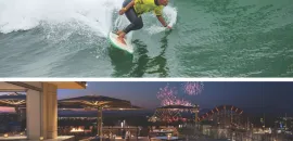 Photo of a surfer in a yellow shirt above and RISE rooftop restaurant with fireworks in the background on the bottom.