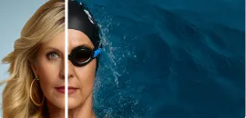 Photo illustration of Deborah Gardner, with one side of her face in as a typical headshot and the other wearing swimming goggles, with blue water to the right.