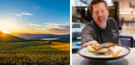 Split photo with a winery on the left and a man serving an entree on the right.