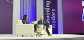 Australian business event leader Holly Ransom (left) leads a seated discussion with Adam Grant (right)