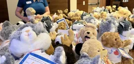 Woman standing with a bunch of stuffed animals for charity.