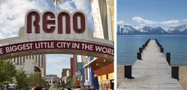 Photo collage with the Reno sign and classic cars on the left and a dock jutting out into Lake Tahoe on the right.