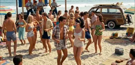 Gemini-generated AI image of people dancing to a band at a beach party.