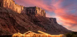 Red Cliffs Lodge Moab exterior at sunset