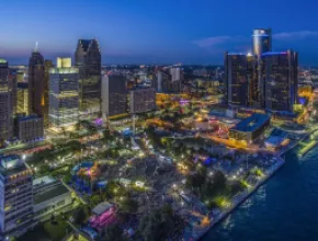 Hart Plaza at night with skyline