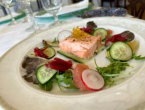Photo of chef Javier Cuesta's citrus salmon micuit salad.