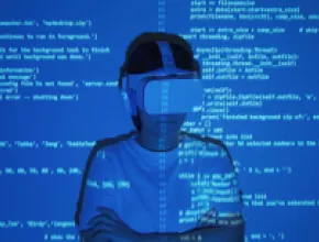 Image of woman with VR goggles on with computer code projected on her.